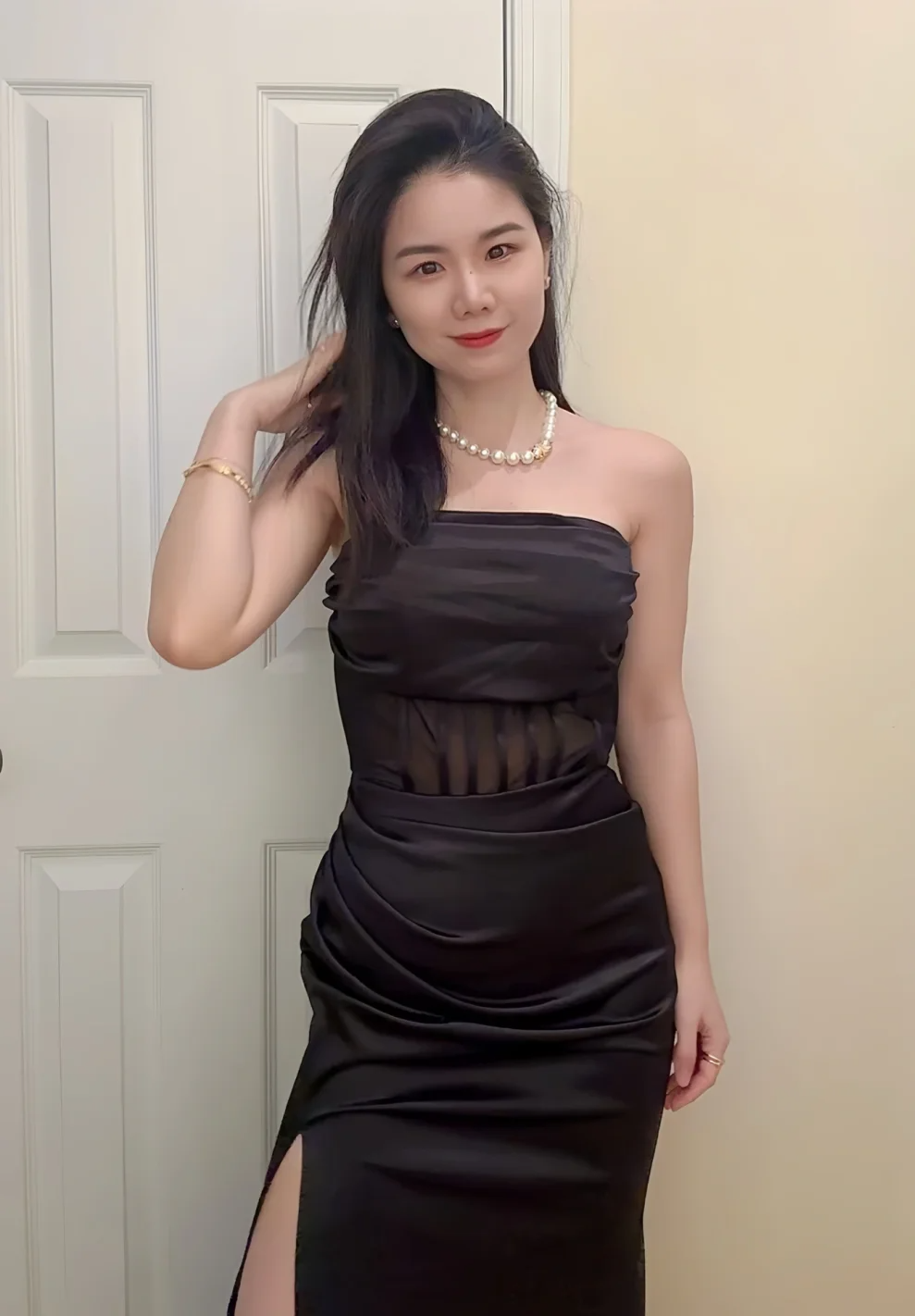 Black Sexy Mermaid Strapless Pleated Satin Slit Without Sleeves Long Prom Dress, Evening Dress C6526