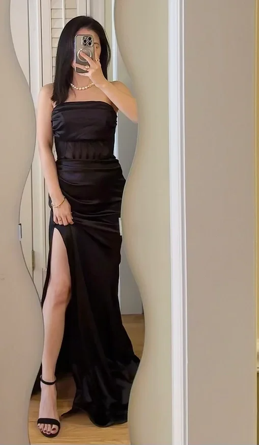 Black Sexy Mermaid Strapless Pleated Satin Slit Without Sleeves Long Prom Dress, Evening Dress C6526