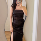 Black Sexy Mermaid Strapless Pleated Satin Slit Without Sleeves Long Prom Dress, Evening Dress C6526