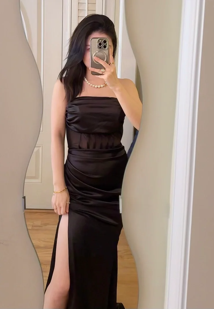 Black Sexy Mermaid Strapless Pleated Satin Slit Without Sleeves Long Prom Dress, Evening Dress C6526