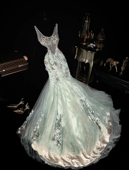 Romantic Luxurious Mermaid V Neck Tulle Sequin Applique Without Sleeves Long Prom Dress, Evening Dress C6528