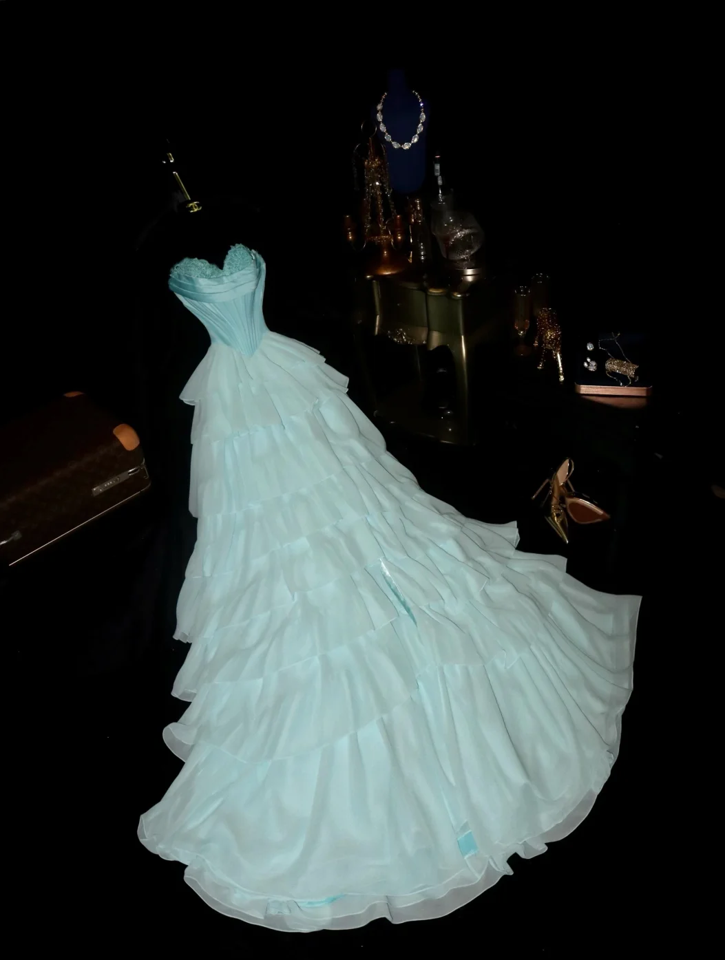 Chic Ball Gown Sweetheart Satin Tiered Chiffon Without Sleeves Long Prom Dress, Evening Dress C6529