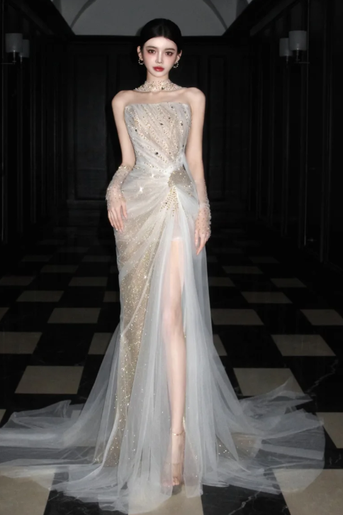 Luxurious Mermaid Strapless Tulle Beaded Without Sleeves Long Prom Dress, Evening Dress C6530