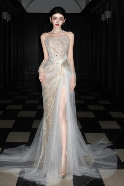 Luxurious Mermaid Strapless Tulle Beaded Without Sleeves Long Prom Dress, Evening Dress C6530