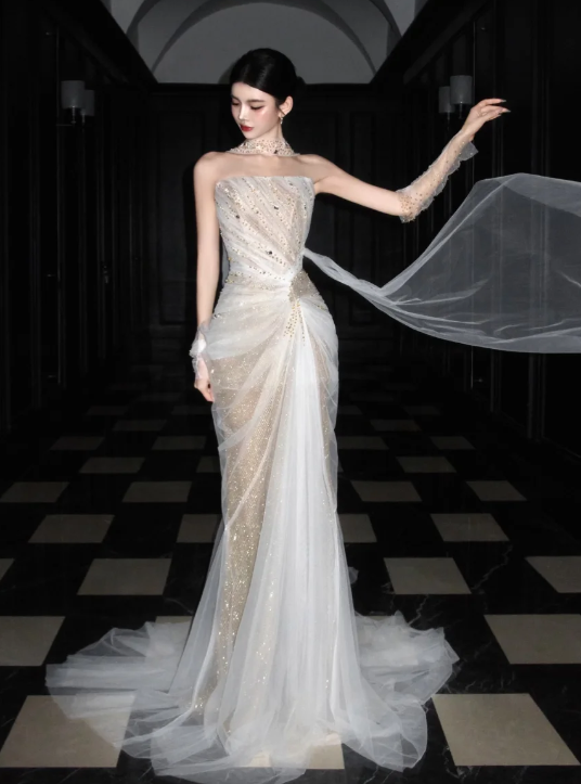 Luxurious Mermaid Strapless Tulle Beaded Without Sleeves Long Prom Dress, Evening Dress C6530