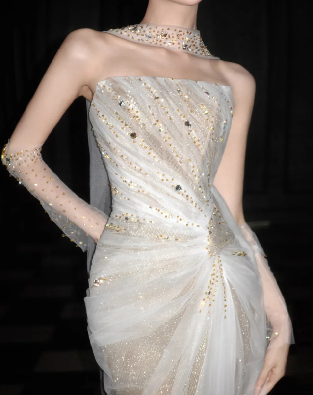 Luxurious Mermaid Strapless Tulle Beaded Without Sleeves Long Prom Dress, Evening Dress C6530