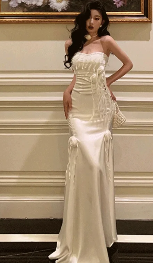 Chic Mermaid Strapless Satin Without Sleeves Long Prom Dress, Evening Dress C6532