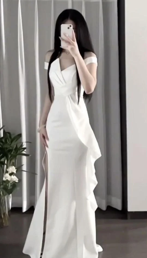 Pretty Mermaid Off The Shoulder Satin Ruffles Slit Without Sleeves Long Prom Dress, Evening Dress C6533