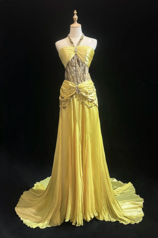 Obsessed A Line Halter Chiffon Beaded Without Sleeves Long Prom Dress, Evening Dress C6537