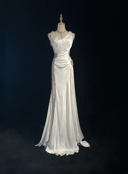 Chic Mermaid V Neck Satin Sequin Beaded Without Sleeves Long Prom Dress, Evening Dress C6539