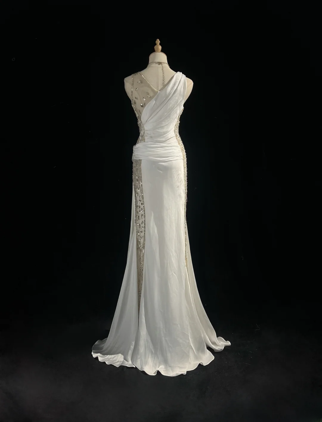 Chic Mermaid V Neck Satin Sequin Beaded Without Sleeves Long Prom Dress, Evening Dress C6539