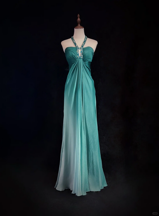 Chic Gradient A Line Halter Chiffon Beaded Without Sleeves Long Prom Dress, Evening Dress C6541
