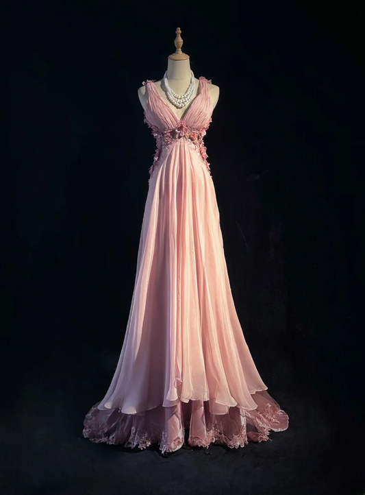 Pretty A Line V Neck Chiffon Beaded Applique Without Sleeves Long Prom Dress, Evening Dress C6543