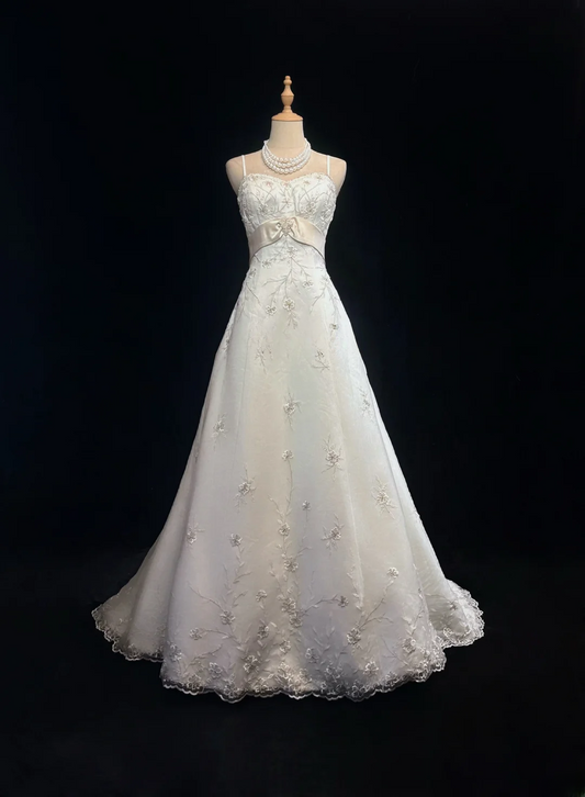 Pretty A Line Spaghetti Straps Satin Lace Beaded Without Sleeves Long Prom Dress, Evening Dress C6544