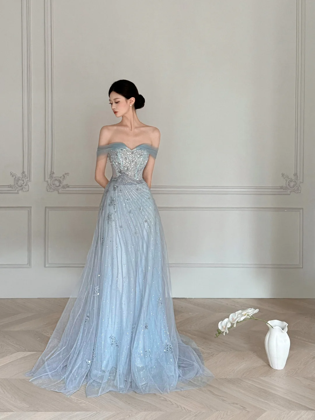 Obsessed A Line Off The Shoulder Tulle Beaded Without Sleeves Long Prom Dress, Evening Dress C6545