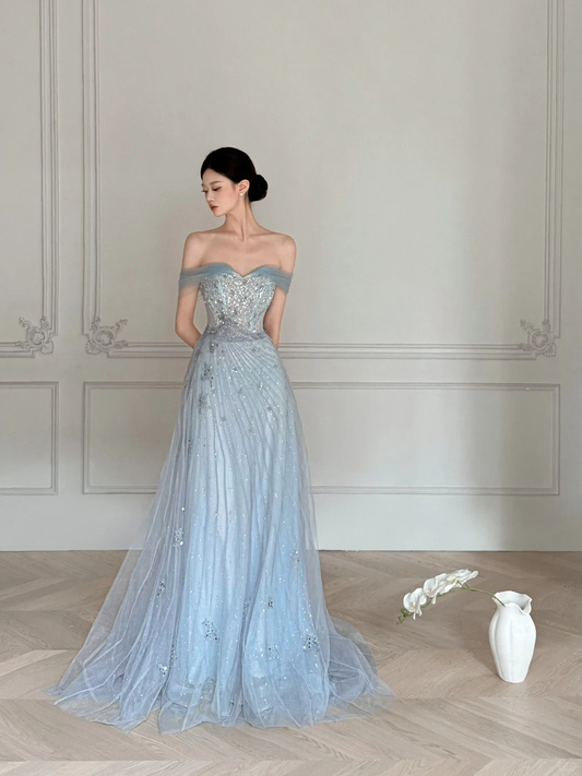 Obsessed A Line Off The Shoulder Tulle Beaded Without Sleeves Long Prom Dress, Evening Dress C6545