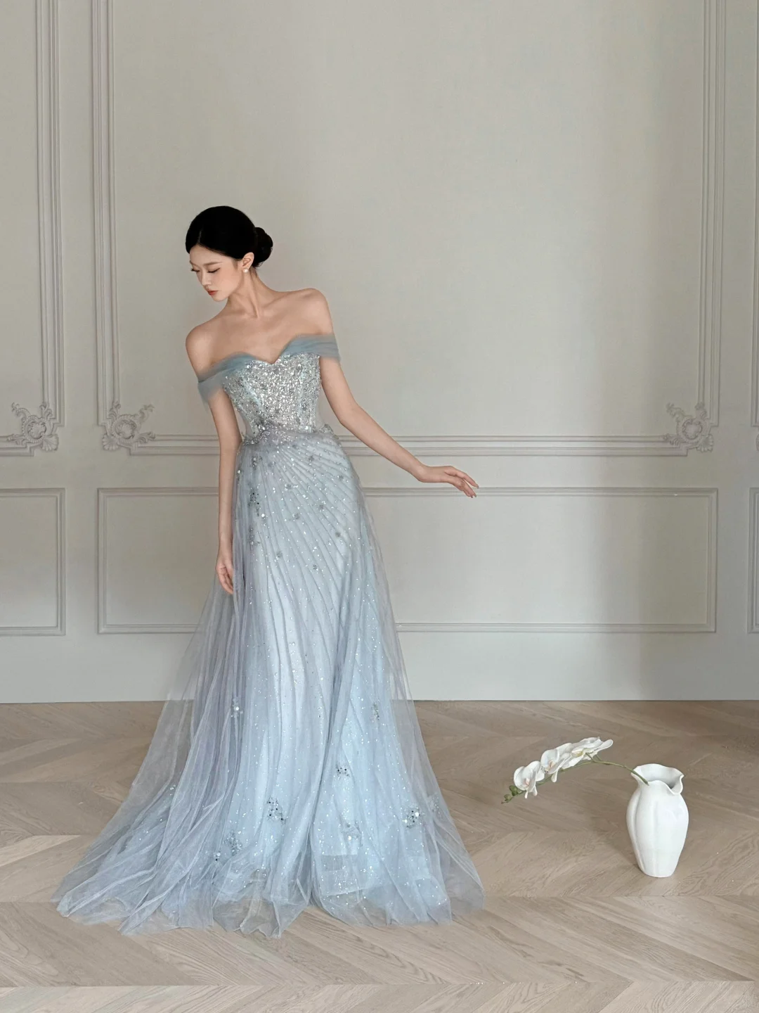 Obsessed A Line Off The Shoulder Tulle Beaded Without Sleeves Long Prom Dress, Evening Dress C6545