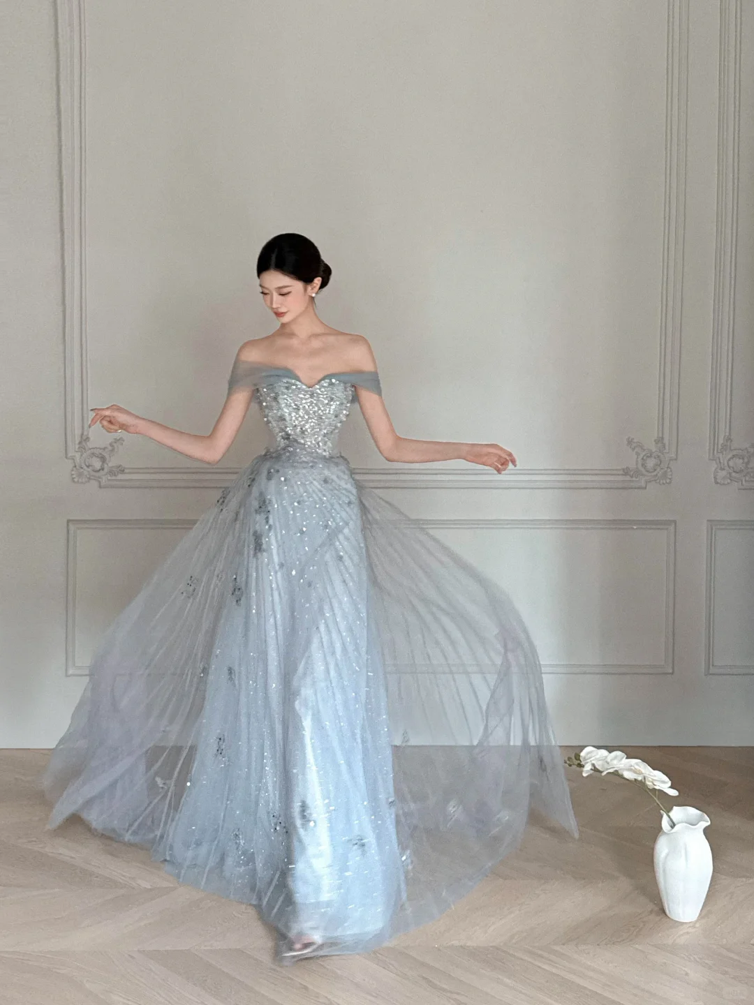 Obsessed A Line Off The Shoulder Tulle Beaded Without Sleeves Long Prom Dress, Evening Dress C6545