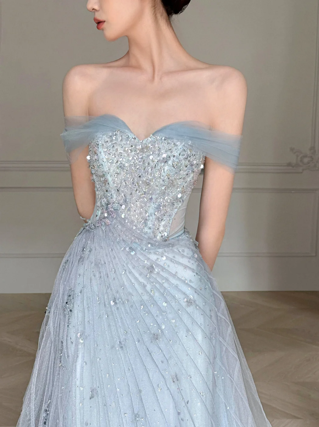 Obsessed A Line Off The Shoulder Tulle Beaded Without Sleeves Long Prom Dress, Evening Dress C6545