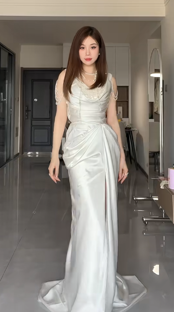 Elegant White Mermaid Satin Beaded Slit Without Sleeves Long Prom Dress, Evening Dress C6548