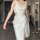 Elegant White Mermaid Satin Beaded Slit Without Sleeves Long Prom Dress, Evening Dress C6548