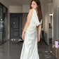 Elegant White Mermaid Satin Beaded Slit Without Sleeves Long Prom Dress, Evening Dress C6548
