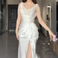 Elegant White Mermaid Satin Beaded Slit Without Sleeves Long Prom Dress, Evening Dress C6548