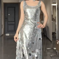 Shiny A Line U Neck Silver Sequin Without Sleeves Long Prom Dress, Evening Dress C6549