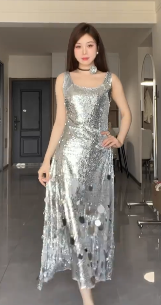 Shiny A Line U Neck Silver Sequin Without Sleeves Long Prom Dress, Evening Dress C6549