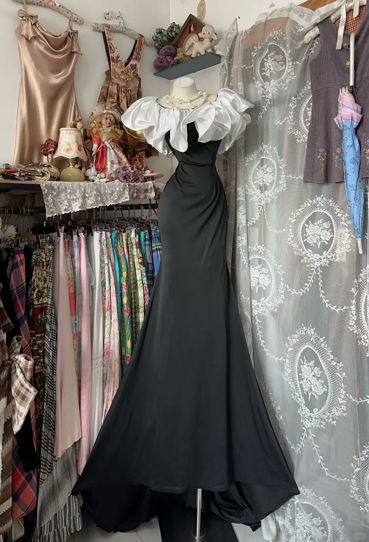 Elegant Mermaid Ruffle Neck Satin Without Sleeves Long Prom Dress, Evening Dress C6550