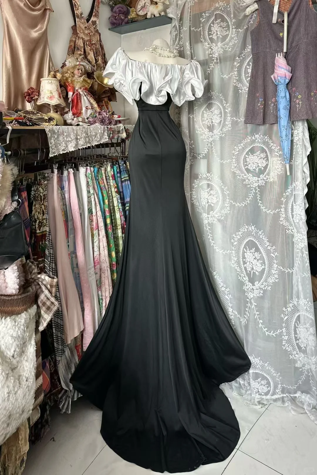 Elegant Mermaid Ruffle Neck Satin Without Sleeves Long Prom Dress, Evening Dress C6550