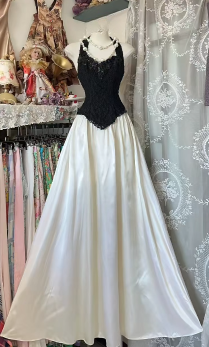 Classy A Line Halter Satin Lace Without Sleeves Long Prom Dress, Evening Dress C6553