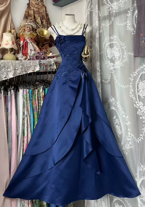 Navy Pretty A Line Spaghetti Straps Satin Without Sleeves Long Prom Dress, Evening Dress C6555
