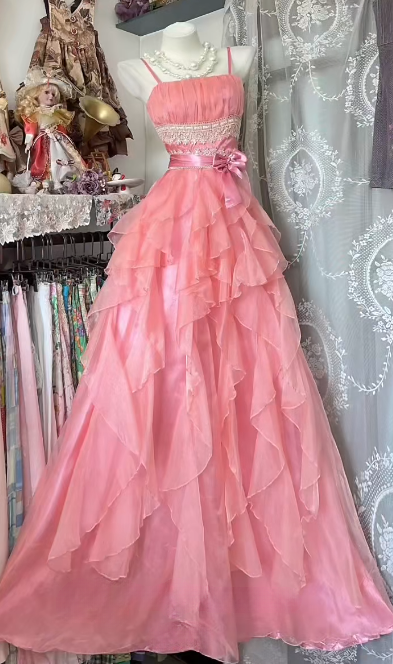 Cute Soft Pink A Line Spaghetti Straps Ruffle Chiffon Without Sleeves Long Prom Dress, Evening Dress C6556