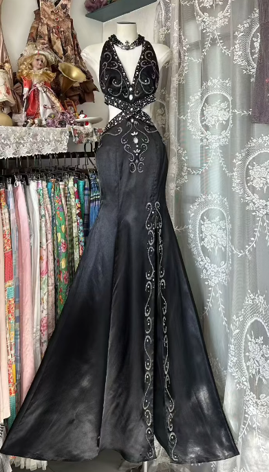 Gorgeous Mermaid Halter Black Satin Beaded Backless Without Sleeves Long Prom Dress, Evening Dress C6557
