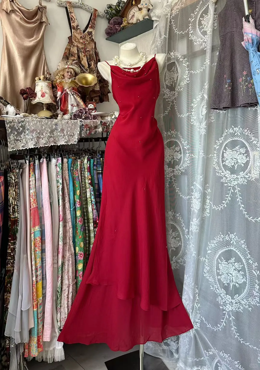 Charming Mermaid Red Spaghetti Straps Chiffon Beaded Without Sleeves Long Prom Dress, Evening Dress C6559