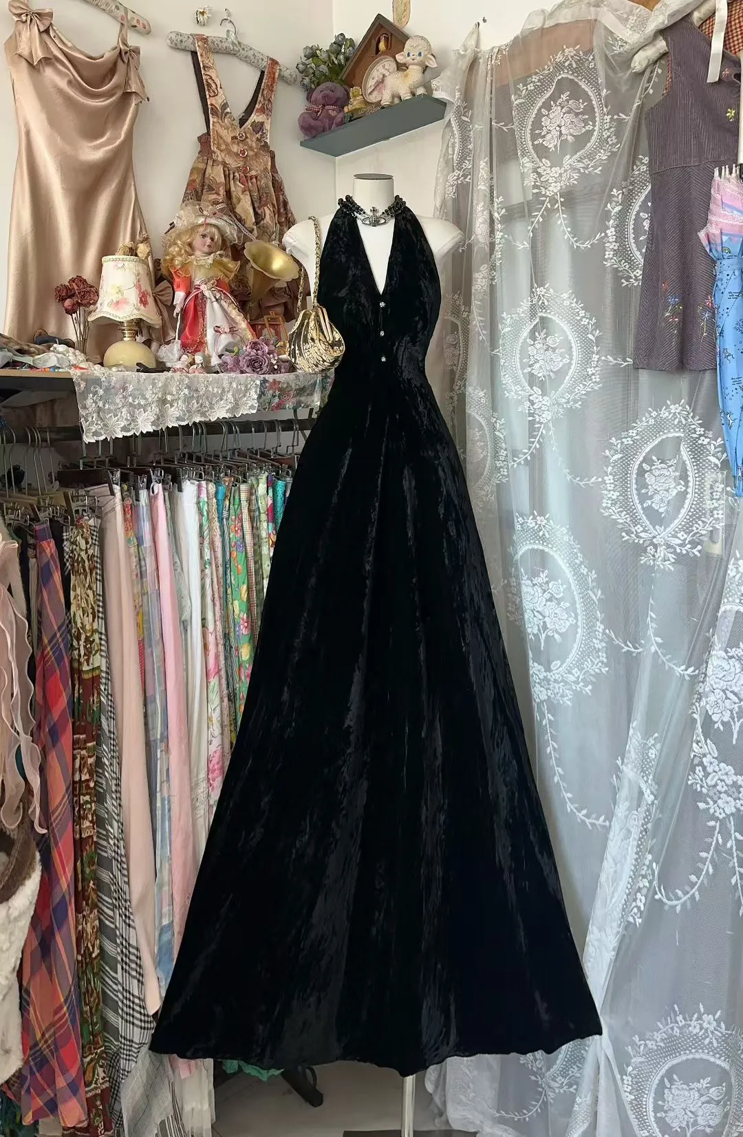 Elegant Black A Line Halter Velvet Without Sleeves Long Prom Dress, Evening Dress C6561