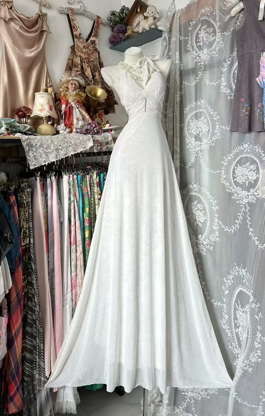 Elegant White A Line Halter Satin Without Sleeves Long Prom Dress, Evening Dress C6563