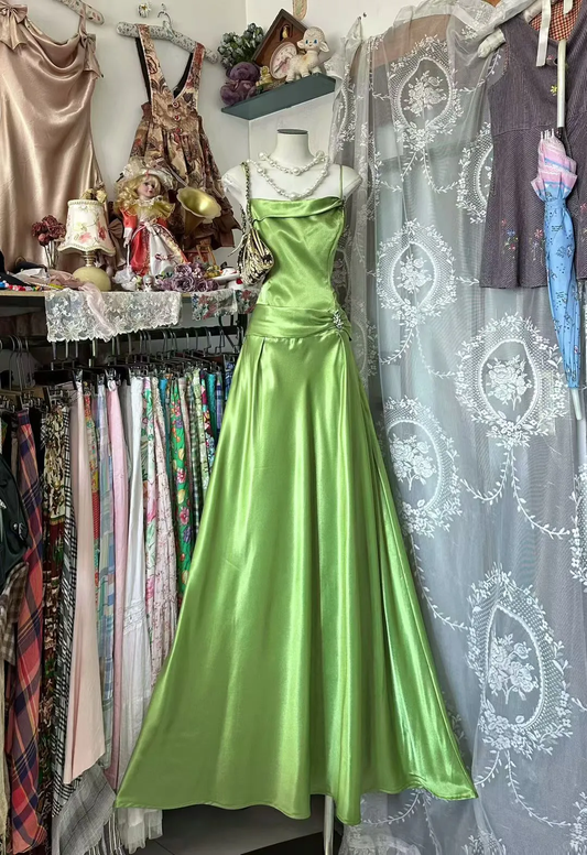 Chic Green A Line Spaghetti Straps Satin Without Sleeves Long Prom Dress, Evening Dress C6565