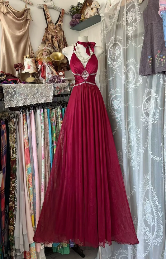 Vintage Burgundy A Line Halter Chiffon Beaded Without Sleeves Long Prom Dress, Evening Dress C6571