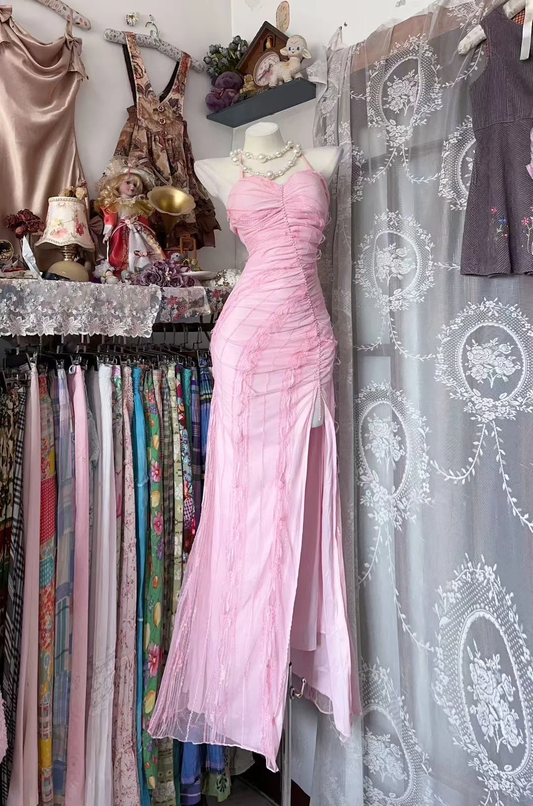 Pretty Pink Mermaid Halter Satin Tulle Slit Without Sleeves Long Prom Dress, Evening Dress C6572