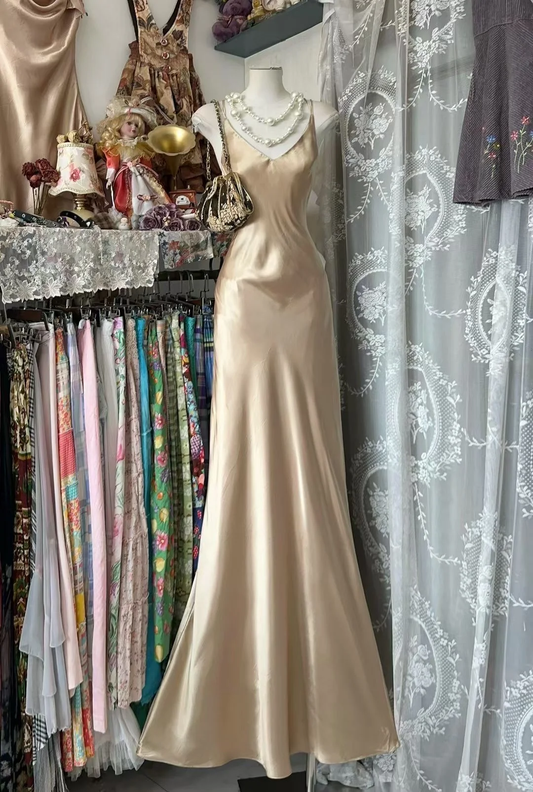 Simple Mermaid Champagne Spaghetti Straps Satin Without Sleeves Long Prom Dress, Evening Dress C6574