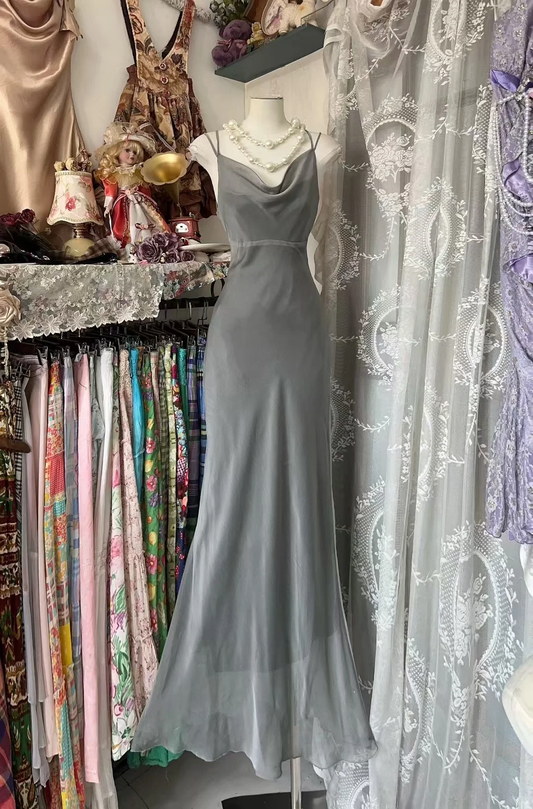 Gray Mermaid Spaghetti Straps Chiffon Without Sleeves Long Prom Dress, Evening Dress C6575