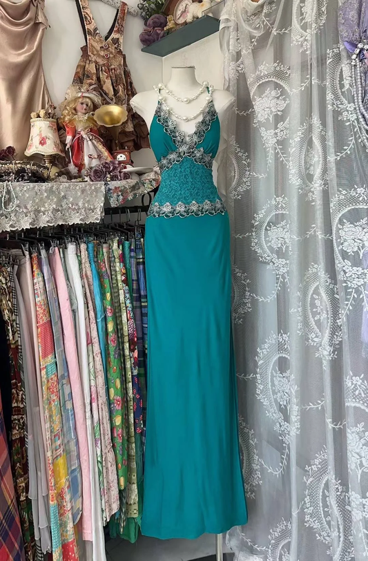 Sexy Mermaid V Neck Chiffon Lace Without Sleeves Long Prom Dress, Evening Dress C6577