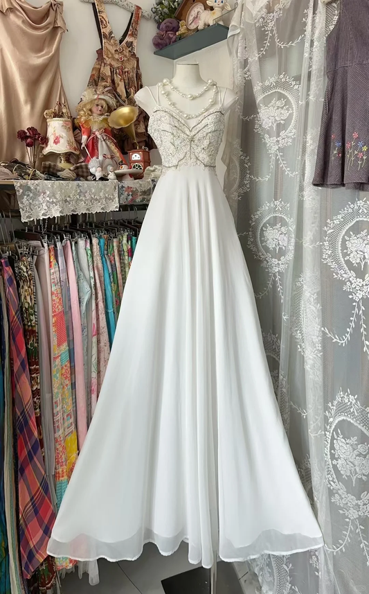White Elegant A Line Spaghetti Straps Chiffon Lace Without Sleeves Long Prom Dress, Evening Dress C6578