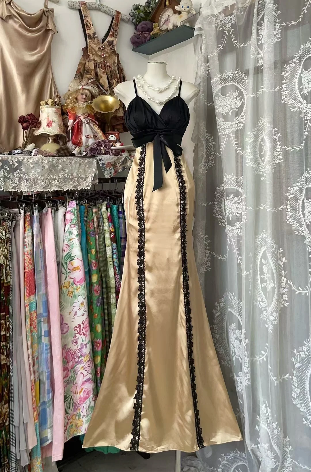 Sexy Mermaid Spaghetti Straps Satin Lace Without Sleeves Long Prom Dress, Evening Dress C6579