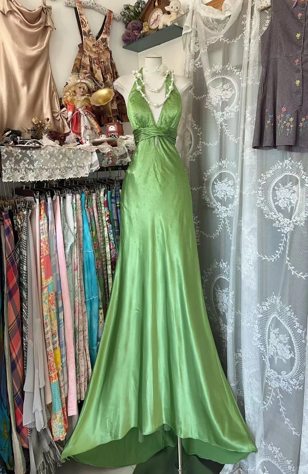 Green Mermaid Halter Satin Beaded Without Sleeves Long Prom Dress, Evening Dress C6581
