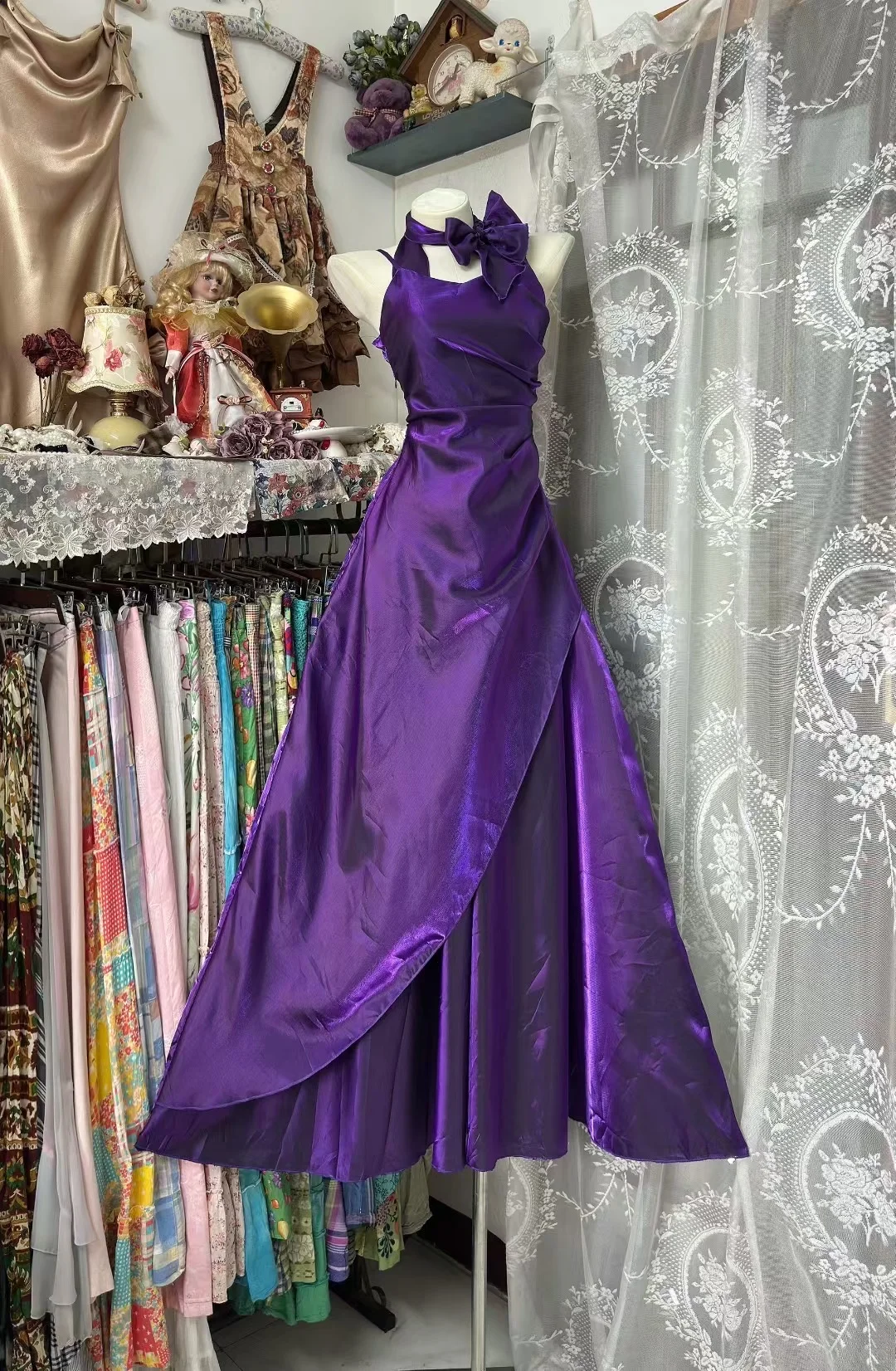 Classy A Line Halter Purple Satin Without Sleeves Long Prom Dress, Evening Dress C6582