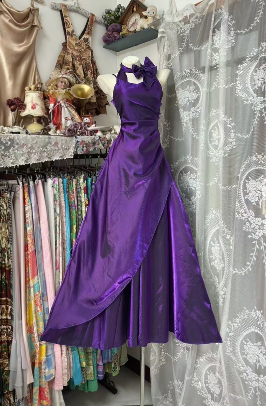 Classy A Line Halter Purple Satin Without Sleeves Long Prom Dress, Evening Dress C6582