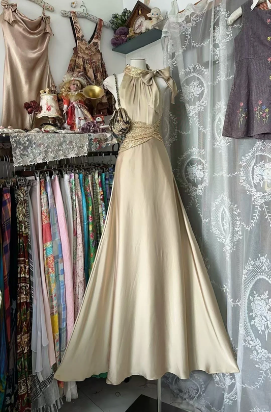 Pretty A Line Halter Satin Sequin Without Sleeves Long Prom Dress, Evening Dress C6583